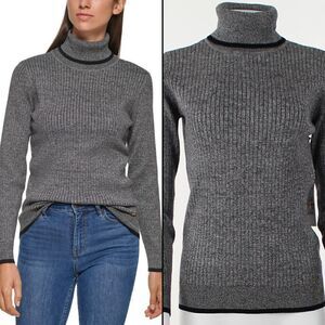 Calvin Klein Black White Marled Rib Turtleneck Sweater